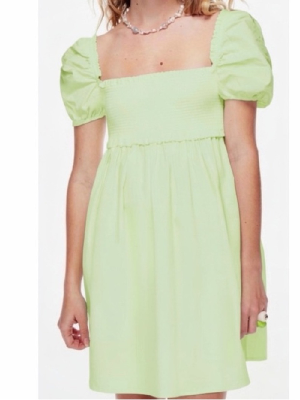 Aritzia Sun-deh Puff-Sleeve Smocked Bodice Dress - Light Green